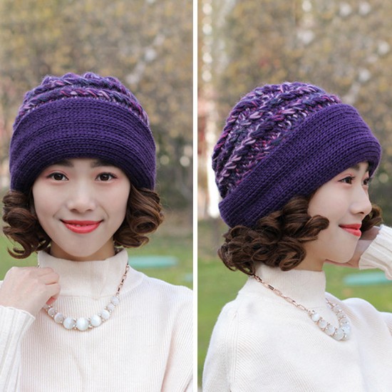 Women Warm Fleece Lining Hand-Knitted Hat Woollen Beanie Ladies Moms Cap