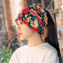 Women Warm Flower Print Dual Use Beanie Scarf Ponytail Cap