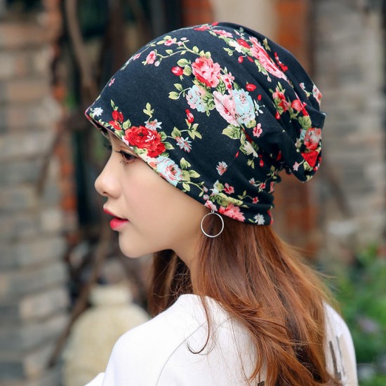 Women Warm Flower Print Dual Use Beanie Scarf Ponytail Cap