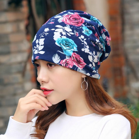 Women Warm Flower Print Dual Use Beanie Scarf Ponytail Cap