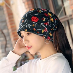 Women Warm Flower Print Dual Use Beanie Scarf Ponytail Cap