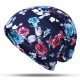 Women Warm Flower Print Dual Use Beanie Scarf Ponytail Cap