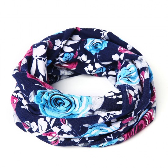 Women Warm Flower Print Dual Use Beanie Scarf Ponytail Cap