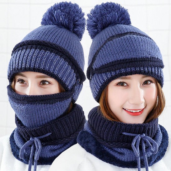 Women Warm Knitted Beanies Hat Collar Scarf Set Windproof Plus Cashmere Lining Hat With Mask