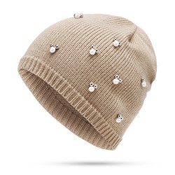 Women Warm Pearl Deco Knitted Hat Knit Beanie Cap