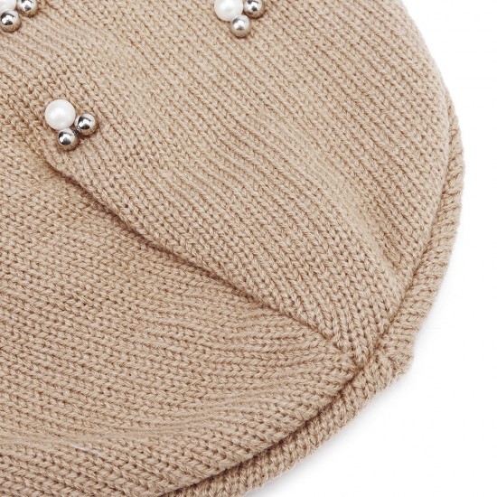 Women Warm Pearl Deco Knitted Hat Knit Beanie Cap