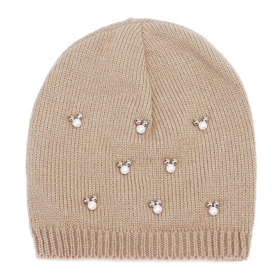 Women Warm Pearl Deco Knitted Hat Knit Beanie Cap