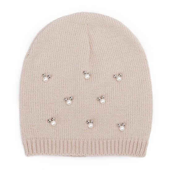 Women Warm Pearl Deco Knitted Hat Knit Beanie Cap