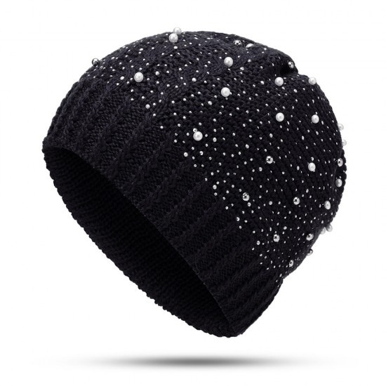 Women Warm Pearl Deco Knitted Hat Outdoor Casual Beanie Cap