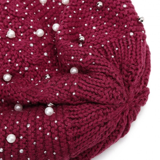 Women Warm Pearl Deco Knitted Hat Outdoor Casual Beanie Cap