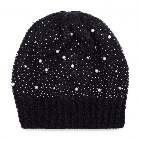 Women Warm Pearl Deco Knitted Hat Outdoor Casual Beanie Cap