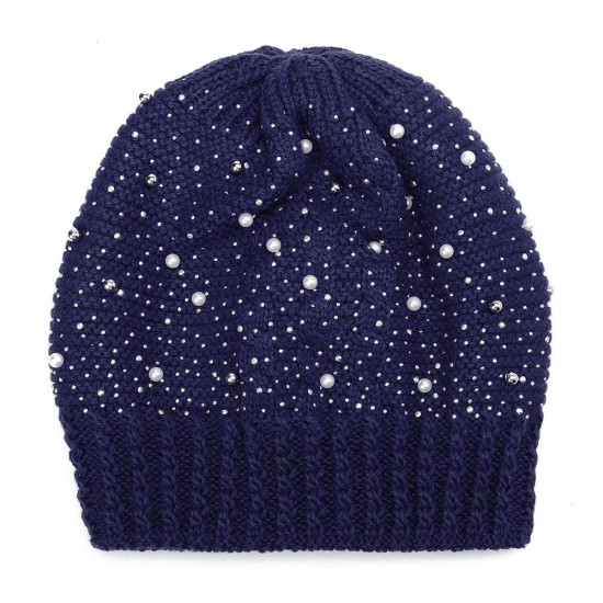 Women Warm Pearl Deco Knitted Hat Outdoor Casual Beanie Cap