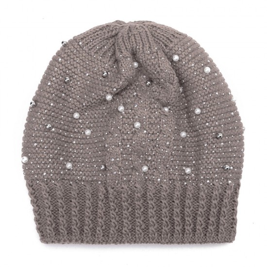 Women Warm Pearl Deco Knitted Hat Outdoor Casual Beanie Cap