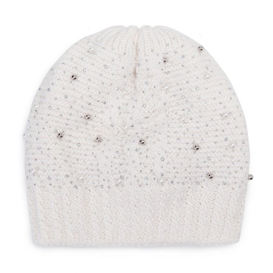 Women Warm Pearl Deco Knitted Hat Outdoor Casual Beanie Cap