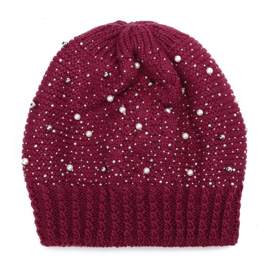 Women Warm Pearl Deco Knitted Hat Outdoor Casual Beanie Cap