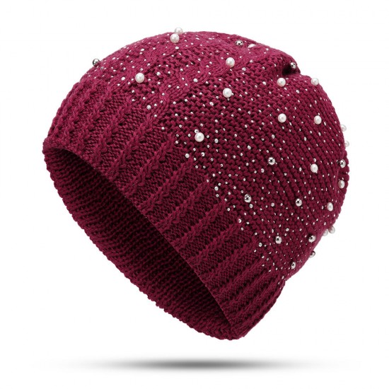 Women Warm Pearl Deco Knitted Hat Outdoor Casual Beanie Cap