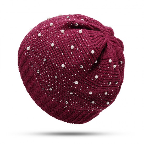 Women Warm Pearl Deco Knitted Hat Outdoor Casual Beanie Cap