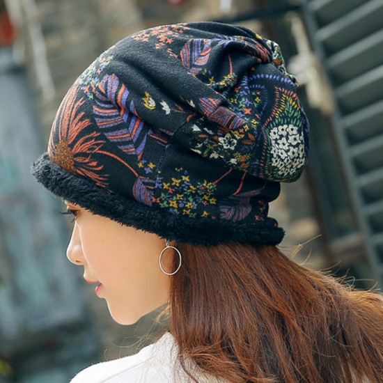 Women Warm Plus Velvet Thicken Beanie Hat Collar Cashmere Fashion Painting Hat