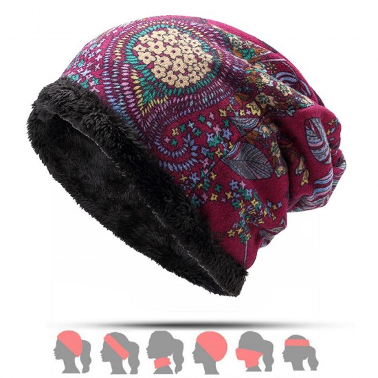 Women Warm Plus Velvet Thicken Beanie Hat Collar Cashmere Fashion Painting Hat