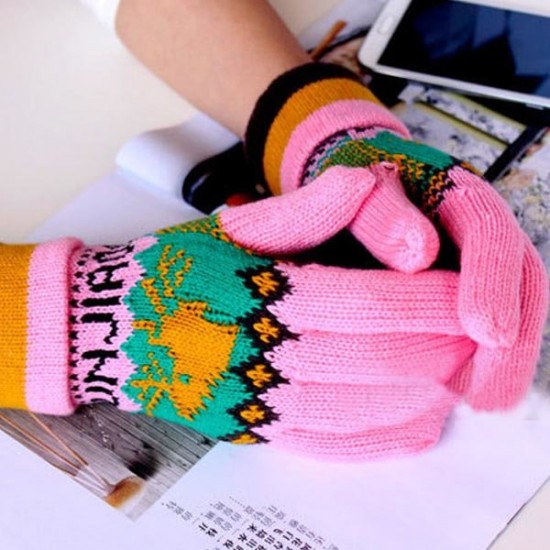 Women Warm Printed Knitted Five Finger Gloves