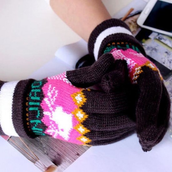 Women Warm Printed Knitted Five Finger Gloves