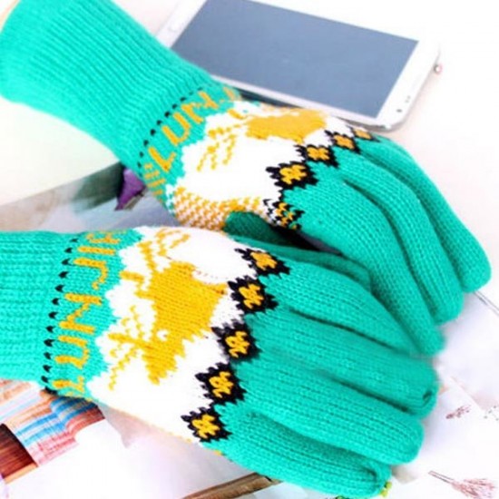 Women Warm Printed Knitted Five Finger Gloves