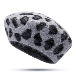 Women Warm Retro Leopard Rabbit Fur Knit Beret Hat Pumpkin Octagon Caps Painter Hat