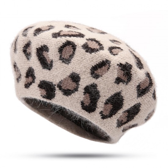 Women Warm Retro Leopard Rabbit Fur Knit Beret Hat Pumpkin Octagon Caps Painter Hat