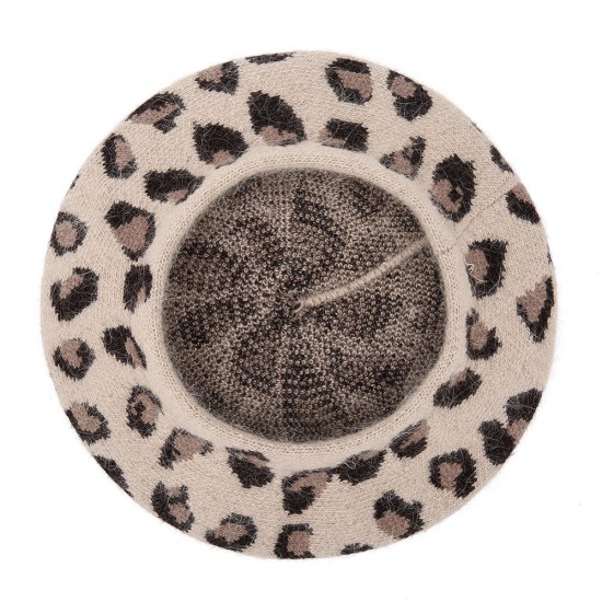 Women Warm Retro Leopard Rabbit Fur Knit Beret Hat Pumpkin Octagon Caps Painter Hat