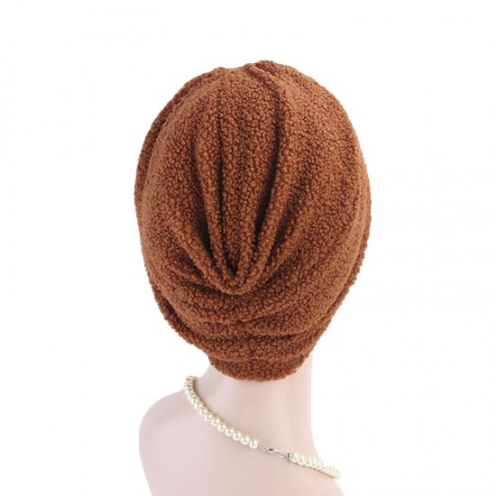 Women Warm Teddy Plush Hat Casual Leisure Turban Cap Nightcap