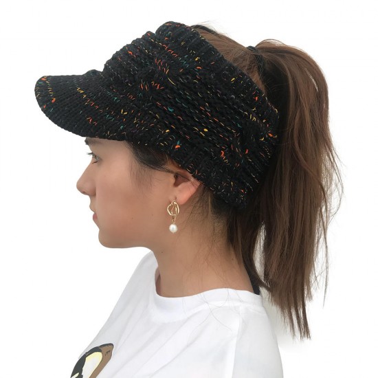 Women Winter Flexible Ponytail Knit Beanie Caps Outdoor Earmuffs Messy High Bun Hat