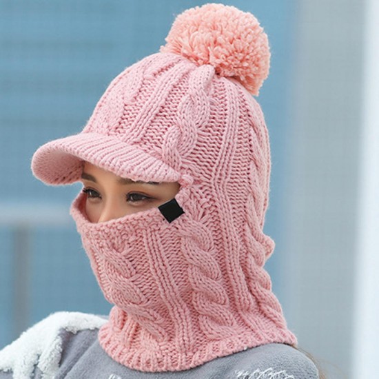 Women Winter Outdoor Warm Headpiece Multifunction Knitted Hat Face Mask Knit Cap