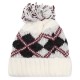 Women Winter Plaid Ski Knit Beanie Hat Thicken Windproof Earmuffs Skull Cap with Hairball