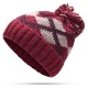 Women Winter Plaid Ski Knit Beanie Hat Thicken Windproof Earmuffs Skull Cap with Hairball