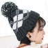 Women Winter Plaid Ski Knit Beanie Hat Thicken Windproof Earmuffs Skull Cap with Hairball