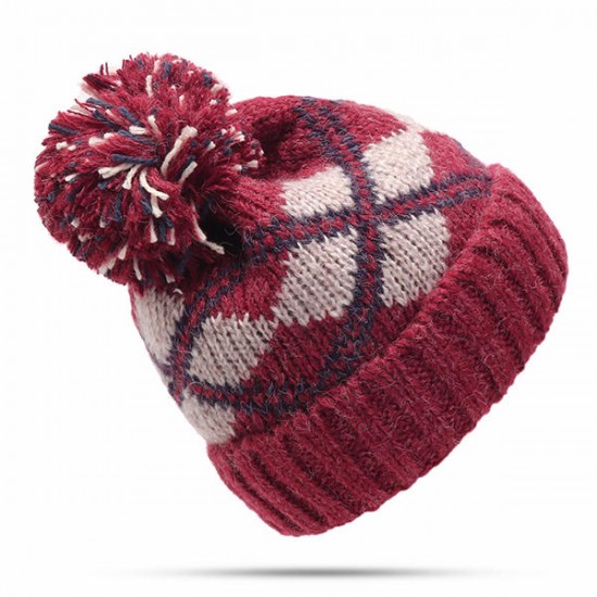 Women Winter Plaid Ski Knit Beanie Hat Thicken Windproof Earmuffs Skull Cap with Hairball