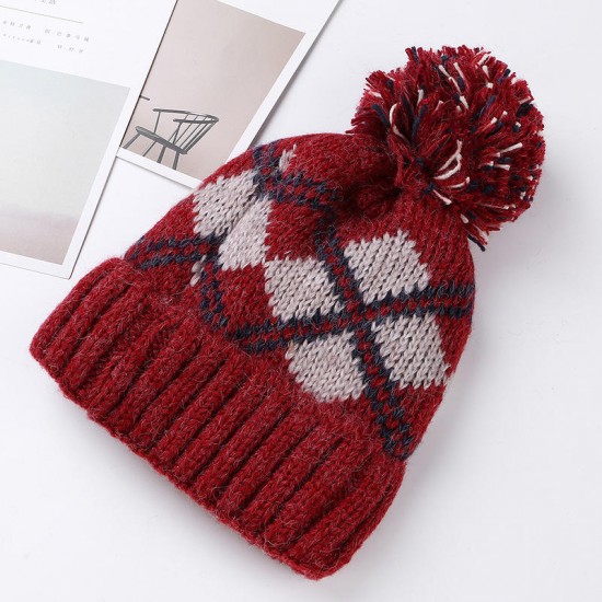 Women Winter Plaid Ski Knit Beanie Hat Thicken Windproof Earmuffs Skull Cap with Hairball