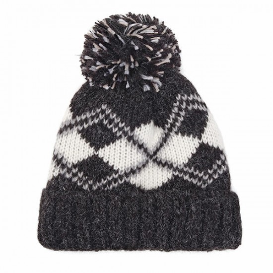 Women Winter Plaid Ski Knit Beanie Hat Thicken Windproof Earmuffs Skull Cap with Hairball