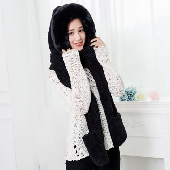 Women Winter Plush Thick Winter Beanie Hat Scarf Gloves Set Outdoor Earmuffs Cap