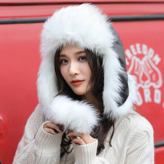 Women Winter Plush Thicken PU Leather Trapper Hat Outdoor Ski Windproof Hunting Hat