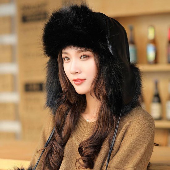 Women Winter Plush Thicken PU Leather Trapper Hat Outdoor Ski Windproof Hunting Hat