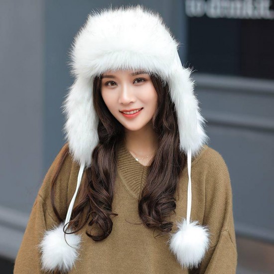 Women Winter Plush Thicken PU Leather Trapper Hat Outdoor Ski Windproof Hunting Hat