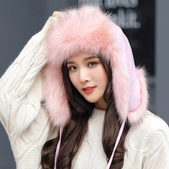 Women Winter Plush Thicken PU Leather Trapper Hat Outdoor Ski Windproof Hunting Hat