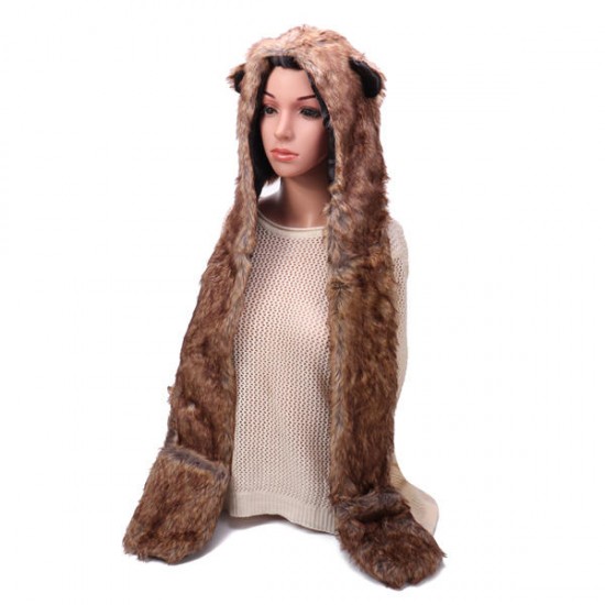 Women Winter Thick Faux Lamb Velvet Warm Long Hooded Leopard Scarves