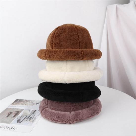 Women Winter Thick Warm Cashmere-like Bucket Cap Rolled Cuff Brimless Hats