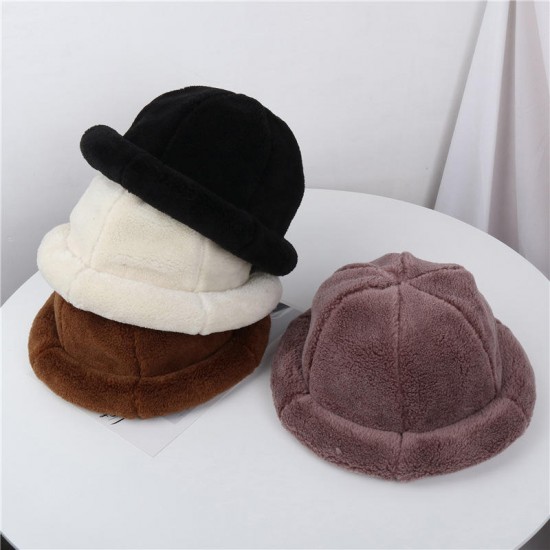 Women Winter Thick Warm Cashmere-like Bucket Cap Rolled Cuff Brimless Hats