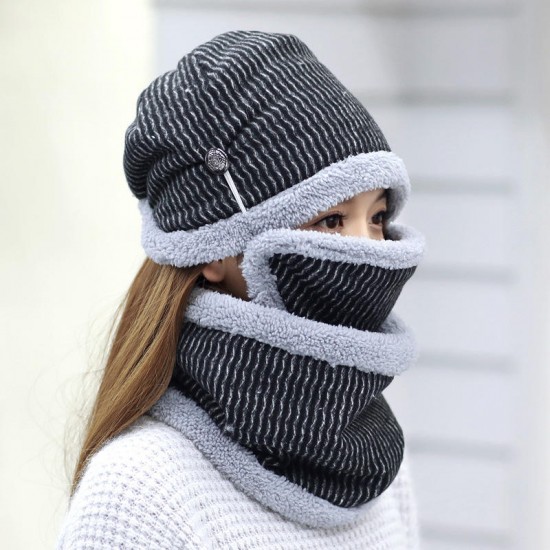 Women Winter Thick Warm Knitted Hat Fleece Liner Multipurpose Face Mask Knit Cap Scarf