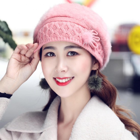 Women Winter Thicken Rabbit Hair Double Layers Beret Hat Vintage Elegant Bow Beanie