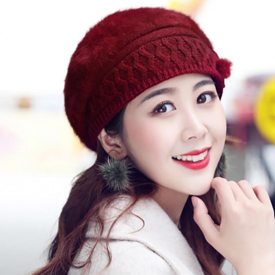 Women Winter Thicken Rabbit Hair Double Layers Beret Hat Vintage Elegant Bow Beanie