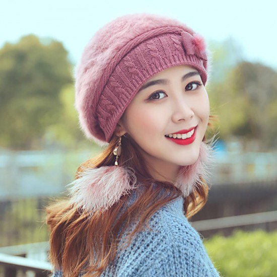 Women Winter Thicken Rabbit Hair Double Layers Beret Hat Vintage Elegant Bow Beanie